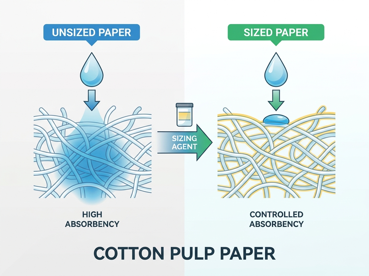 Cotton pulp paper manufacturing and sizing process